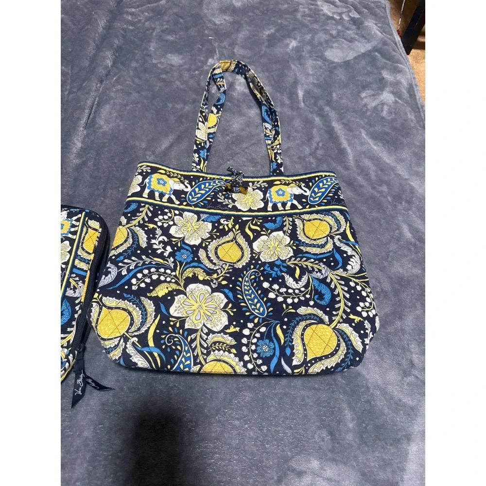 Vera Bradley Elephant Paisley Quilted Tote Bag and Tablet Pouch Set Navy Yellow
